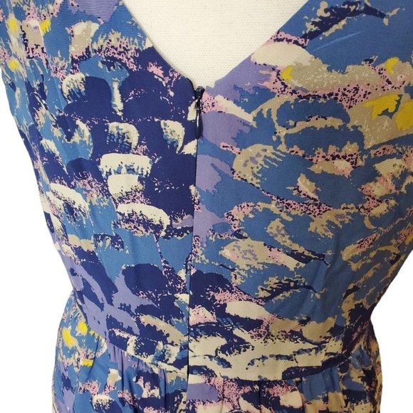 TIBI New York Dress 100% Silk Sz Medium Blue Sleeveless‎ Ruched Front Abstract - Picture 6 of 13